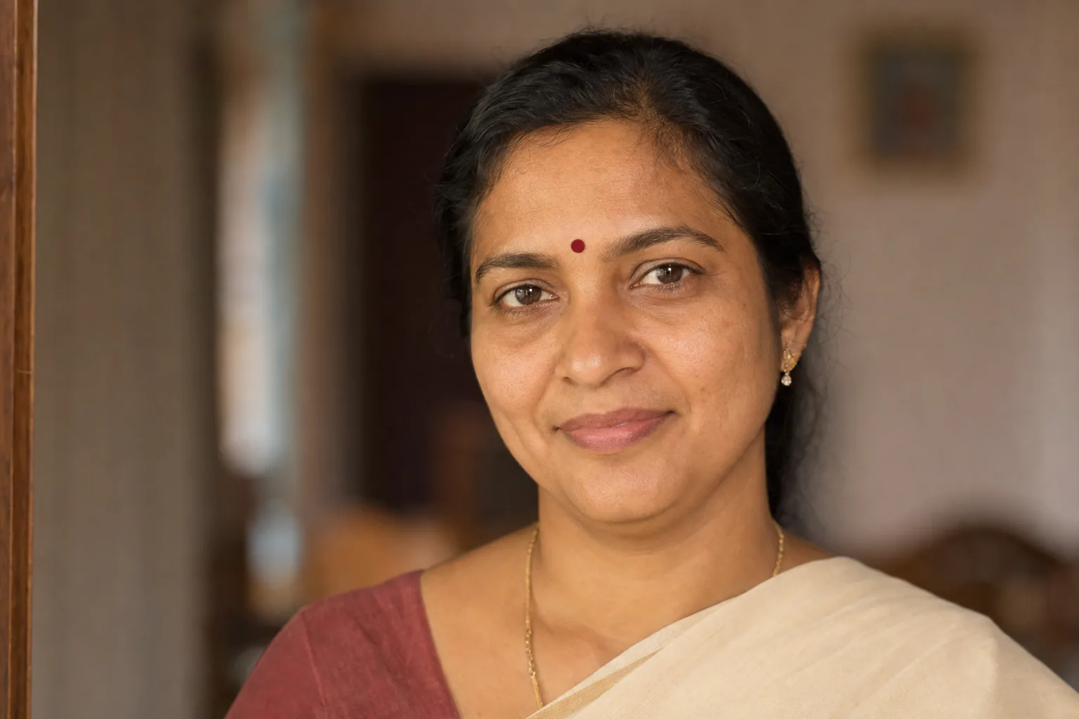 Tamil woman wearing a small red pottu