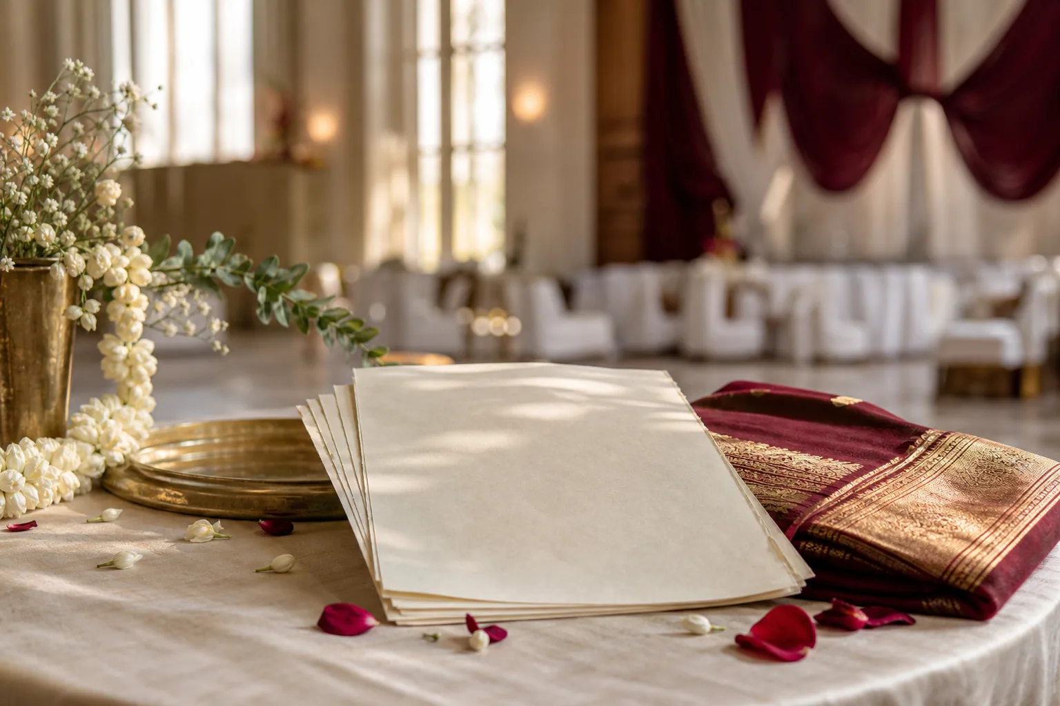 Tamil wedding planning materials with jasmine flowers and burgundy silk
